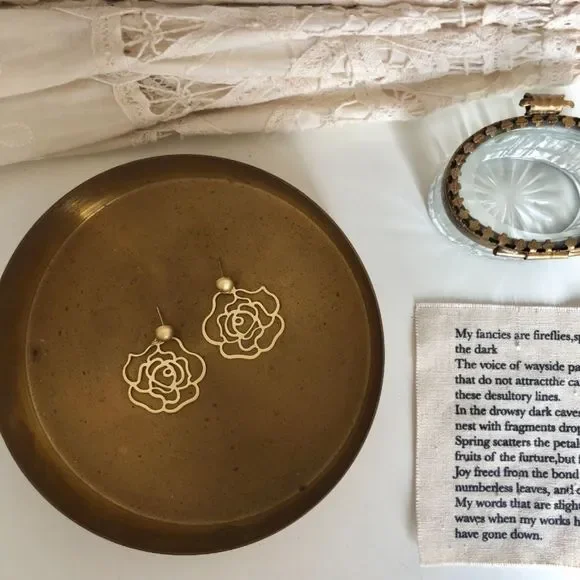 New Rose Earrings 14K Gold Earrings Flower Earrings Bridgerton Style Matt - Picture 2 of 6